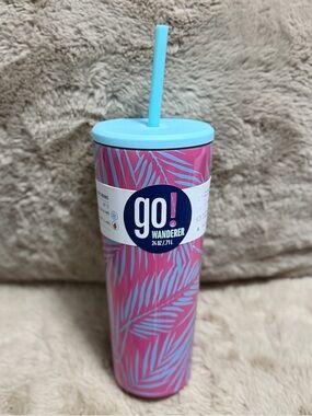 Go! Pink Palm-Print Stainless Travel Tumbler with Blue Lid & Straw